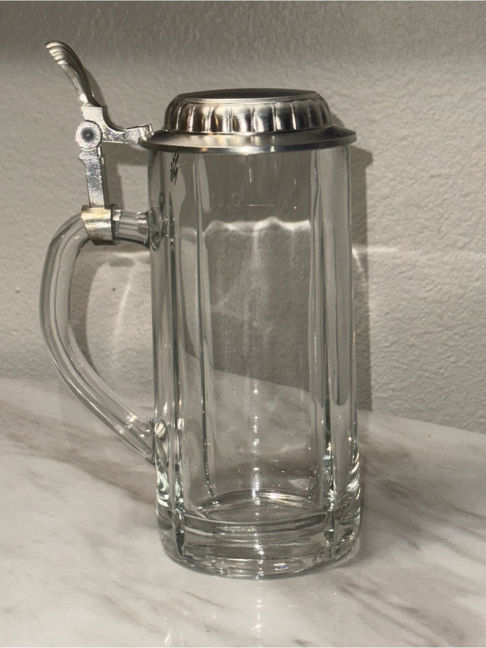 Clear Glass Lidded Beer Stein Mug w/ Metal Lid & Spout, Breweriana Theme